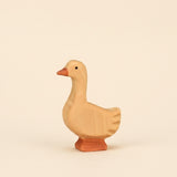 Mako Toys wooden goose standing with its head up and neck extended, painted cream with an orange bill · view 1