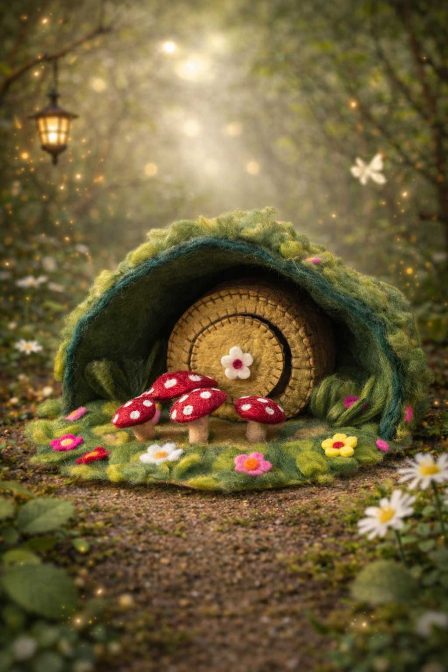 Felted fairy house with red mushrooms and flowers in a forest setting