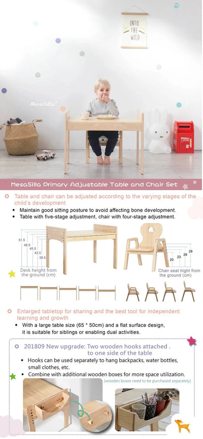 Mesasilla Primary Adjustable Table Set - with drawer-Bear Elephant Car Rabbit  Star - Height Adjustable