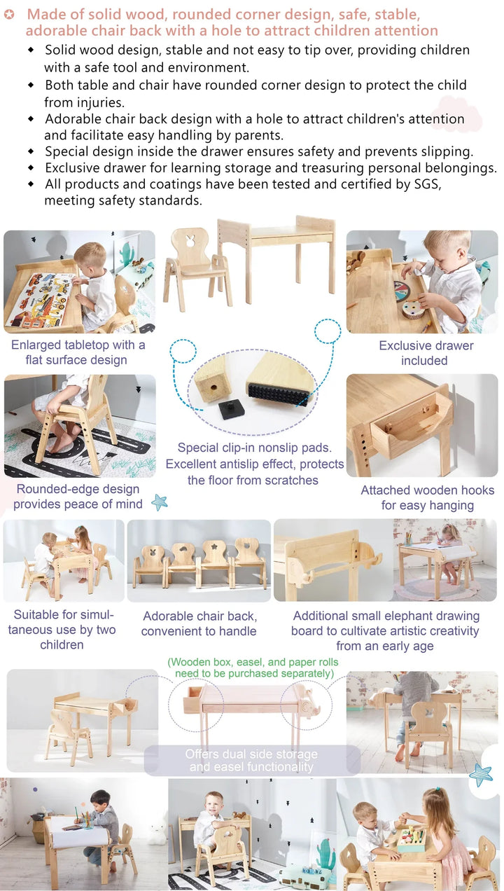 Mesasilla Primary Adjustable Table Set - with drawer-Bear Elephant Car Rabbit  Star - Height Adjustable