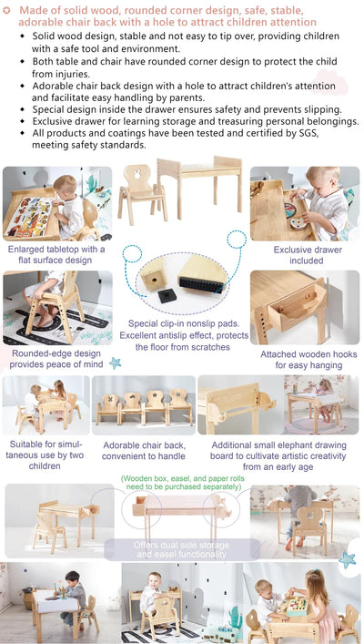 Mesasilla Primary Adjustable Table Set - with drawer-Bear Elephant Car Rabbit  Star - Height Adjustable