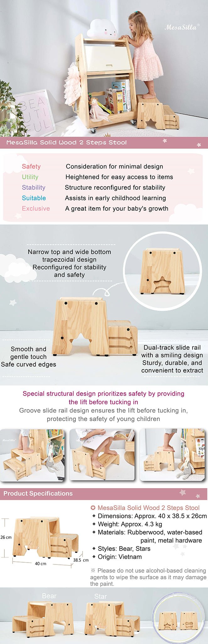 Mesasilla 2 Step Stool - Lightweight &amp; Sturdy with Anti-Slip, Animal-Shaped Cutouts - Solid Wood Construction