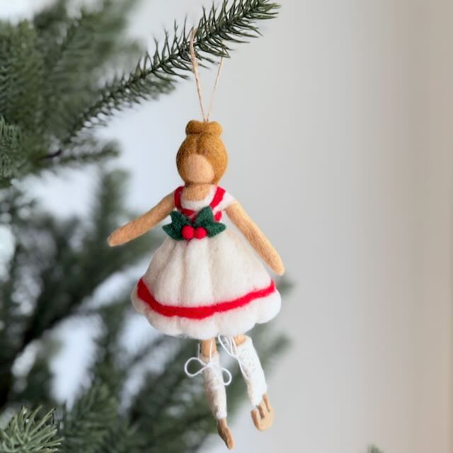 Handmade needle-felted ice skating girl ornament