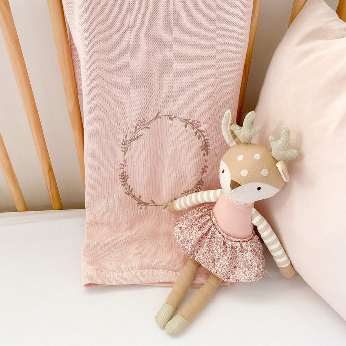 Mon Ami pink double-sided baby blanket with an embroidered wreath