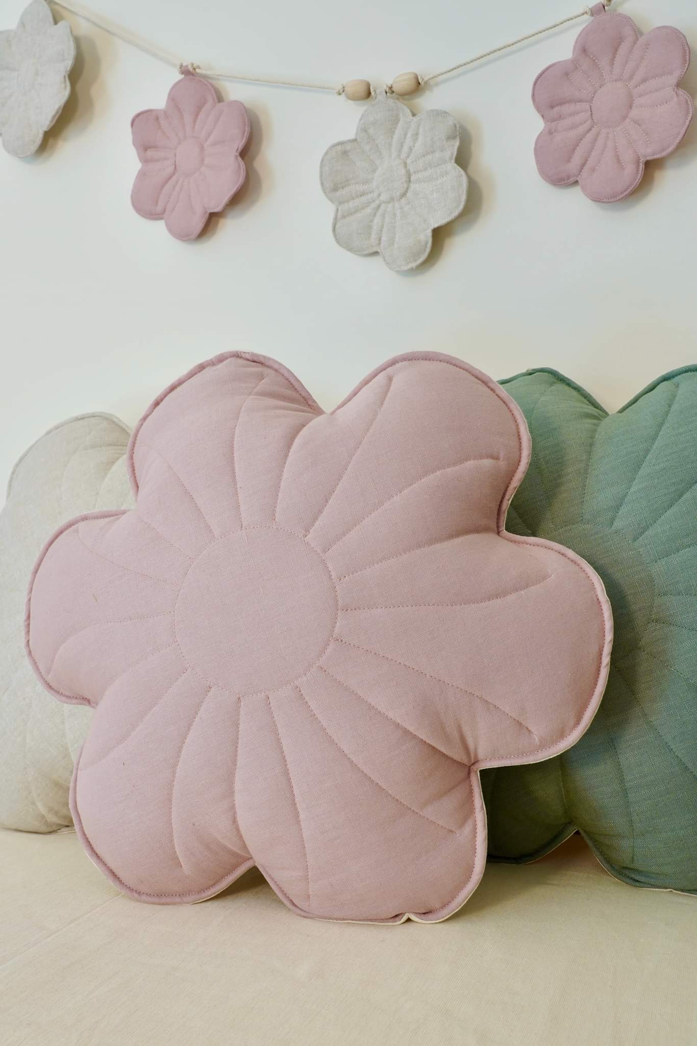 Linen "Powder Rose" Flower Pillow