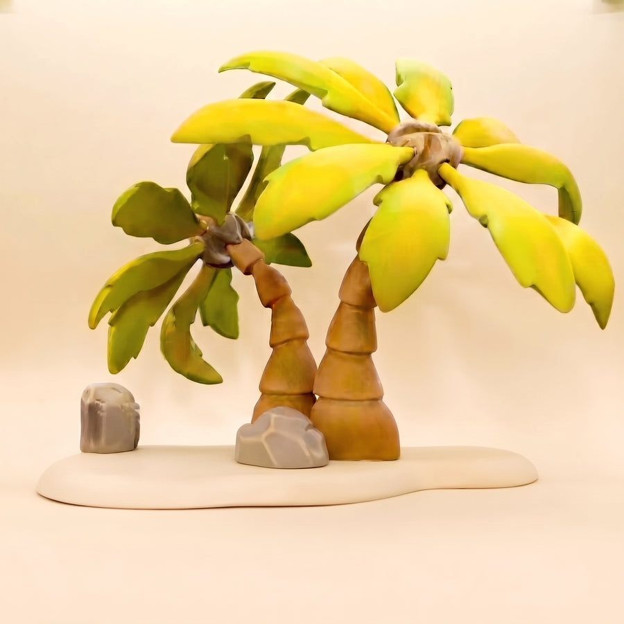 Two wooden palm trees on a shared sand-coloured base, trunks ringed like palm bark, broad yellow-green fronds