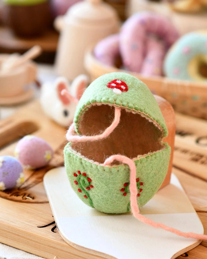 Sale Felt Egg Cover, Mint Green with Mushroom Motif