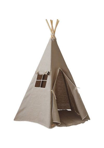 “Natural Linen” Teepee Tent and "White and Grey" Leaf Mat Set