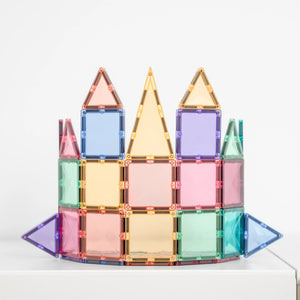 Connetix Pastel Discovery Pack 32, every piece laid out by shape and colour