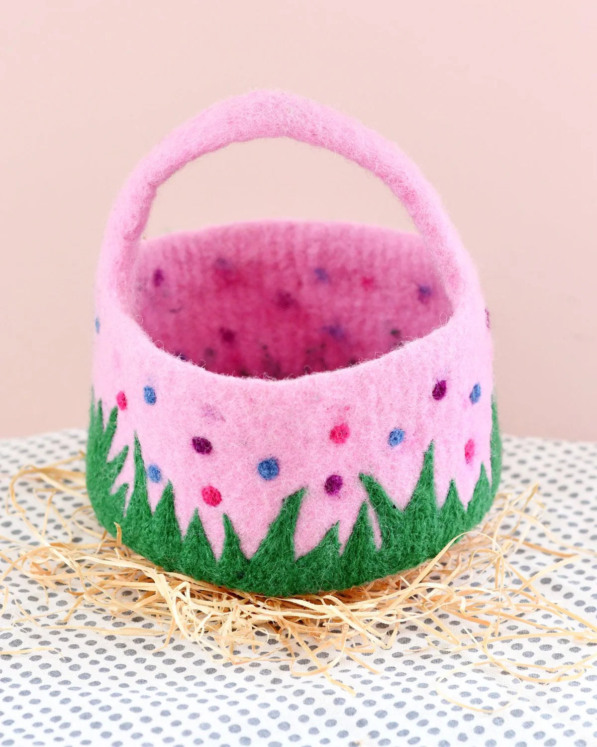 Felt Pink Basket with Colorful Dots