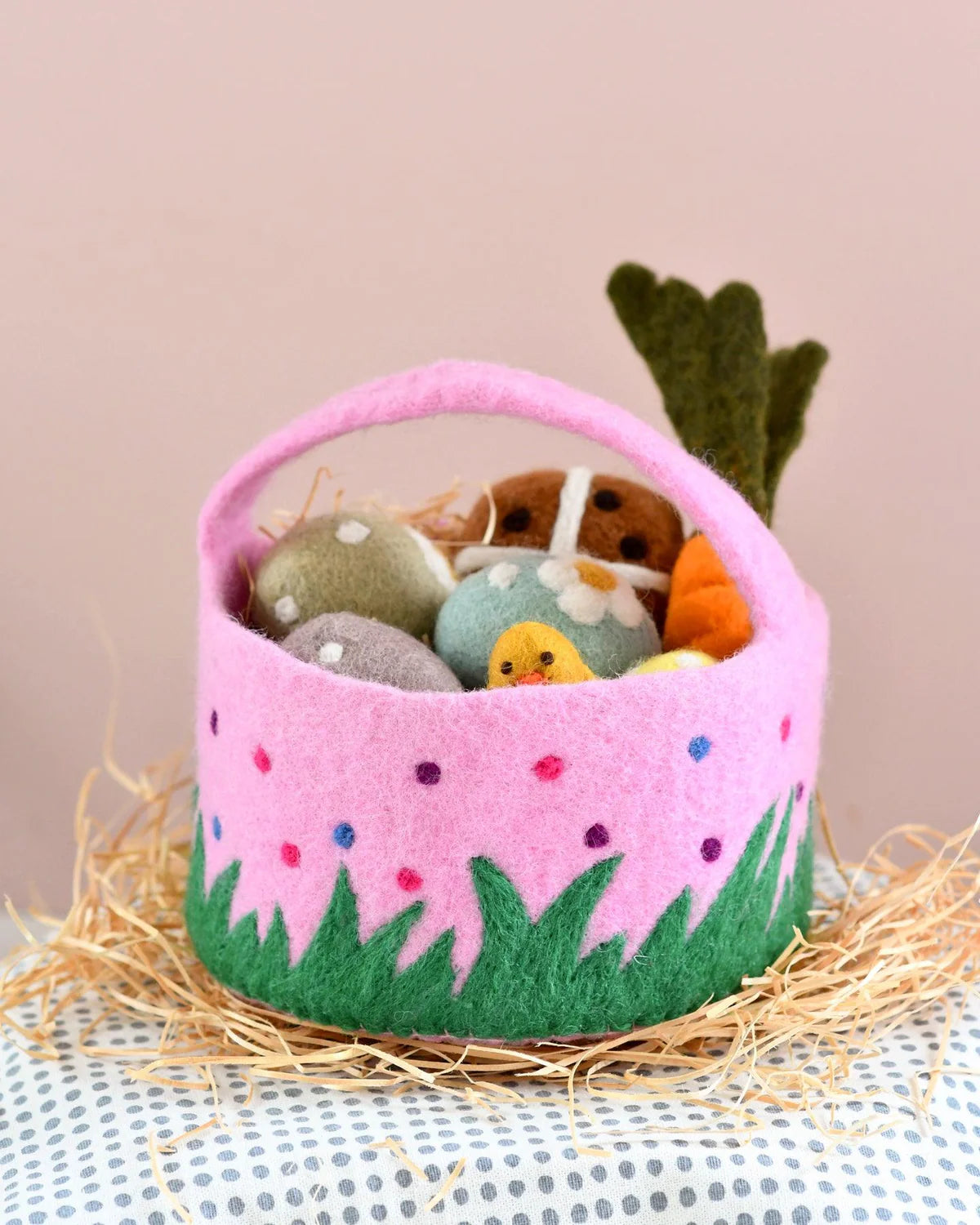 Felt Pink Basket with Colorful Dots