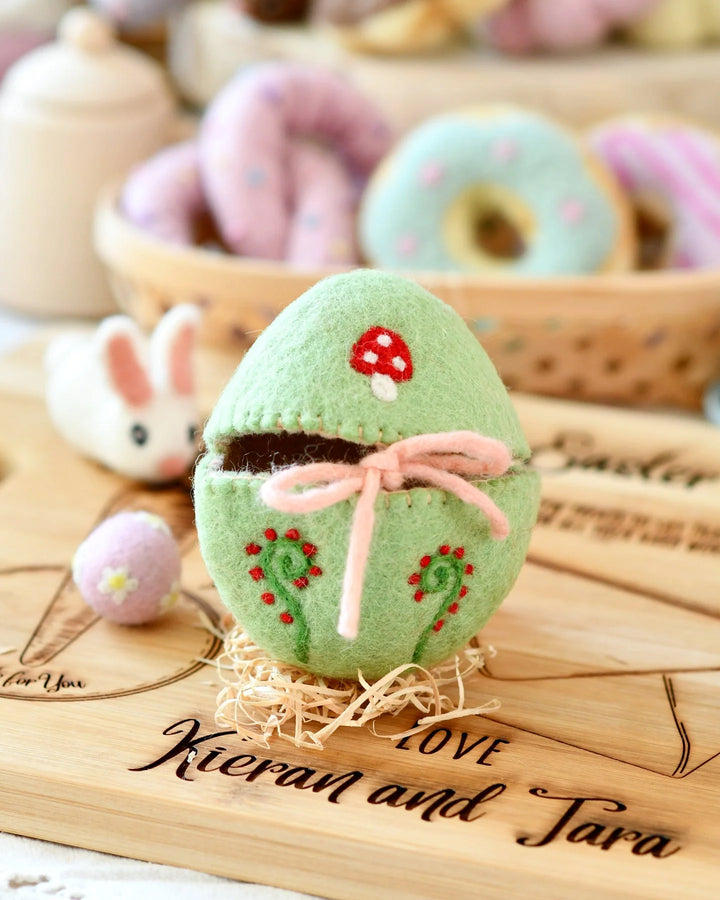 Sale Felt Egg Cover, Mint Green with Mushroom Motif