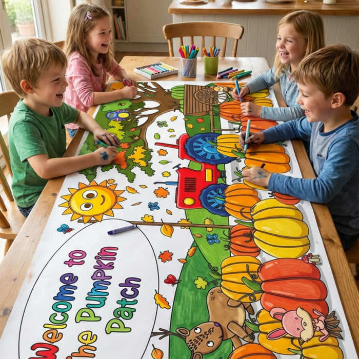 Giant pumpkin patch coloring tablecloth for kids with autumn scenes