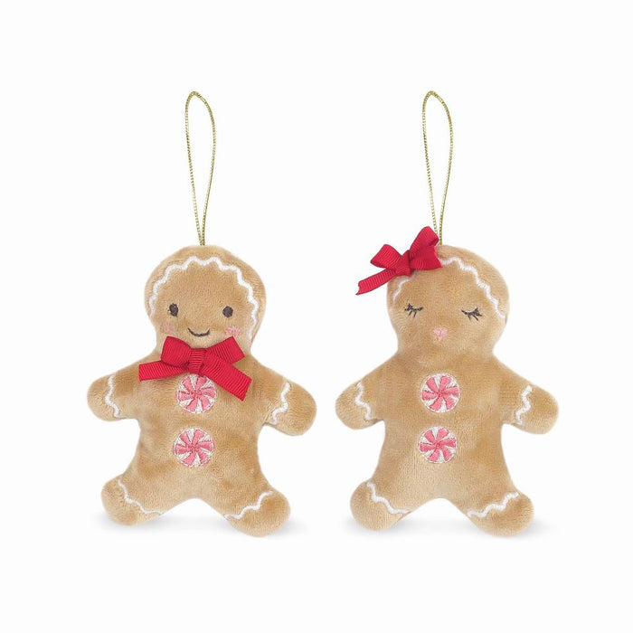 Mon Ami plush gingerbread couple Christmas ornaments with red ribbons