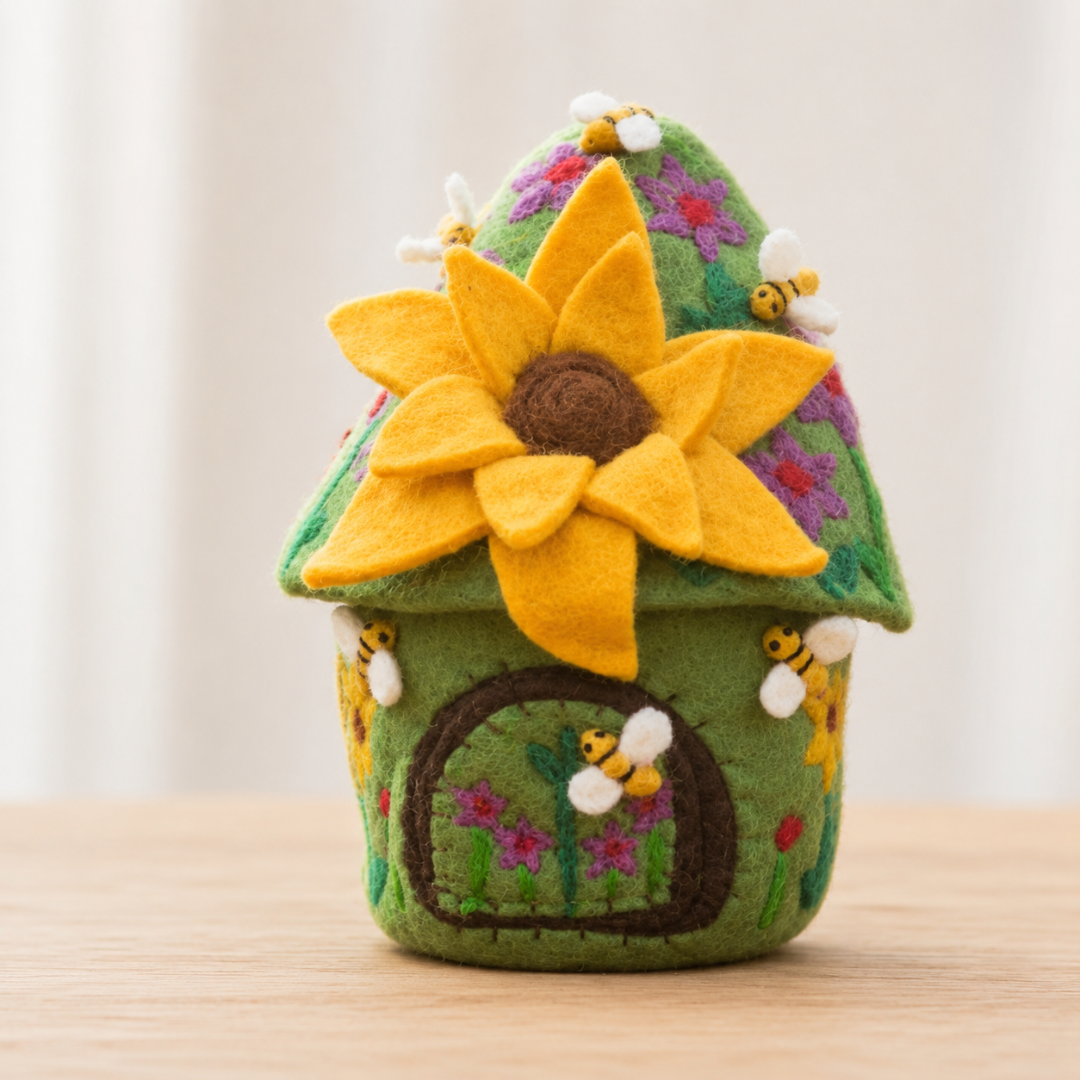 Sunflower Meadow fairy home with a sunflower-petal roof for fairy-village play