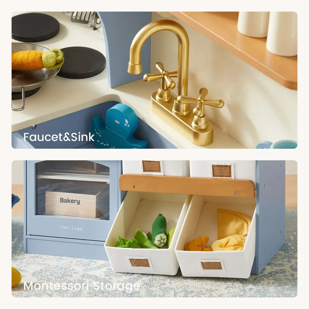 Tiny Land® Pretend Play Kitchen for Kids - Serenity Wooden Kitchen – Blue