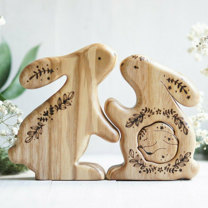 Wooden Bunny Family Announcement Puzzle (Mom, Dad, and Baby), a wooden new-baby keepsake by Tiny Fox Hole, cut and finished by hand