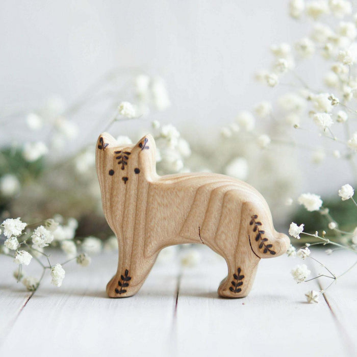 Wooden Cat, Floral, a natural wood animal toy by Tiny Fox Hole, cut and finished by hand from solid wood