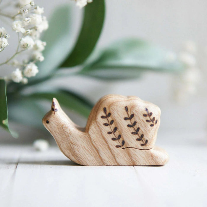 Wooden Snail, Crawling, a natural wood animal toy by Tiny Fox Hole, cut and finished by hand from solid wood