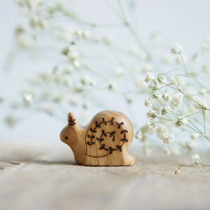Wooden Snail, Small, a natural wood animal toy by Tiny Fox Hole, cut and finished by hand from solid wood