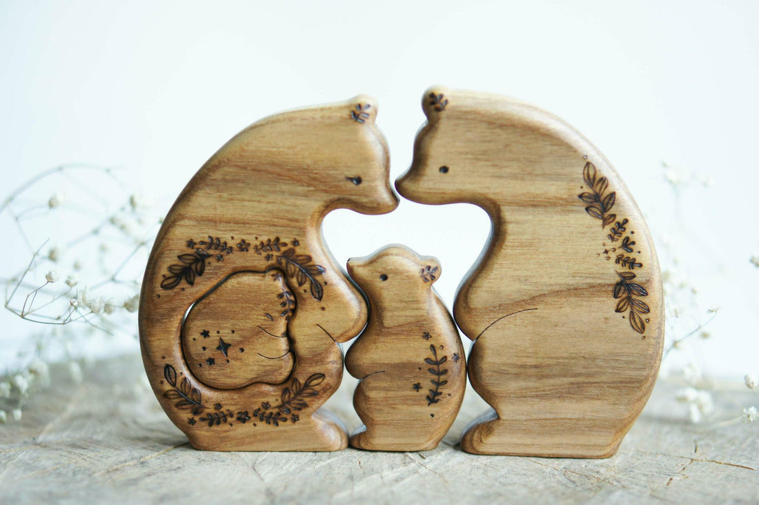 Wooden Bear Family Announcement Puzzle (Mom, Dad, and Two Little Ones)