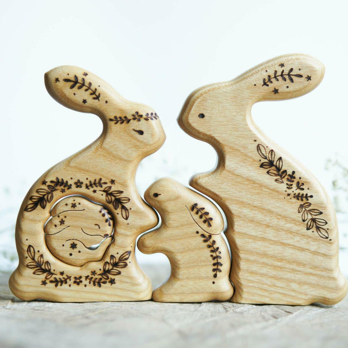Wooden Bunny Family Announcement Puzzle (Mom, Dad, and Two Little Ones), a wooden new-baby keepsake by Tiny Fox Hole, cut and finished by hand