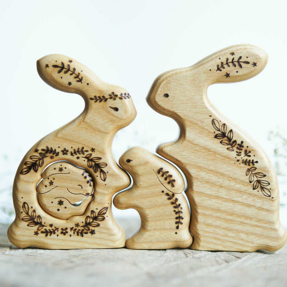 Wooden Bunny Family Announcement Puzzle (Mom, Dad, and Two Little Ones)