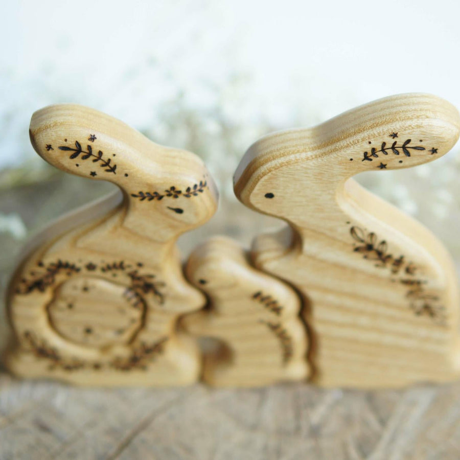 Wooden Bunny Family Announcement Puzzle (Mom, Dad, and Two Little Ones)