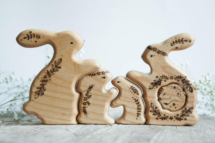 Wooden Bunny Family Announcement Puzzle (Mom, Dad, and Three Little Ones), a wooden new-baby keepsake by Tiny Fox Hole, cut and finished by hand