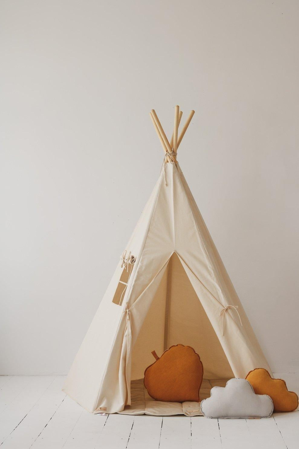 “Beige” Teepee and "Grey Linen" Round Mat Set