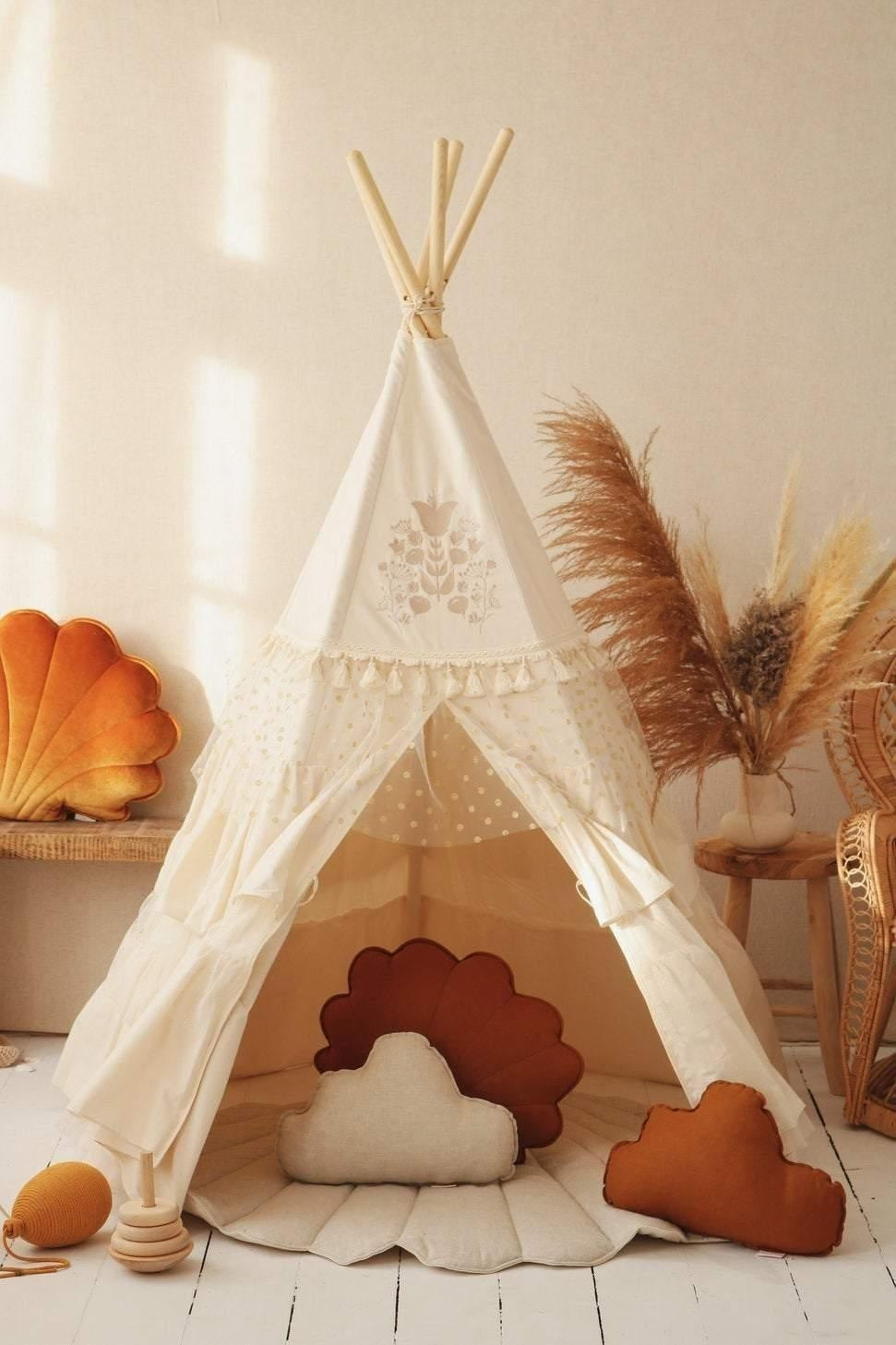 “Boho” Teepee Tent with Frills and "Caramel" Mat with Frill Set