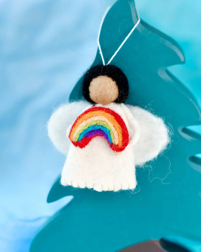 Felt Waldorf Diversity Angel with Rainbow, Black Hair