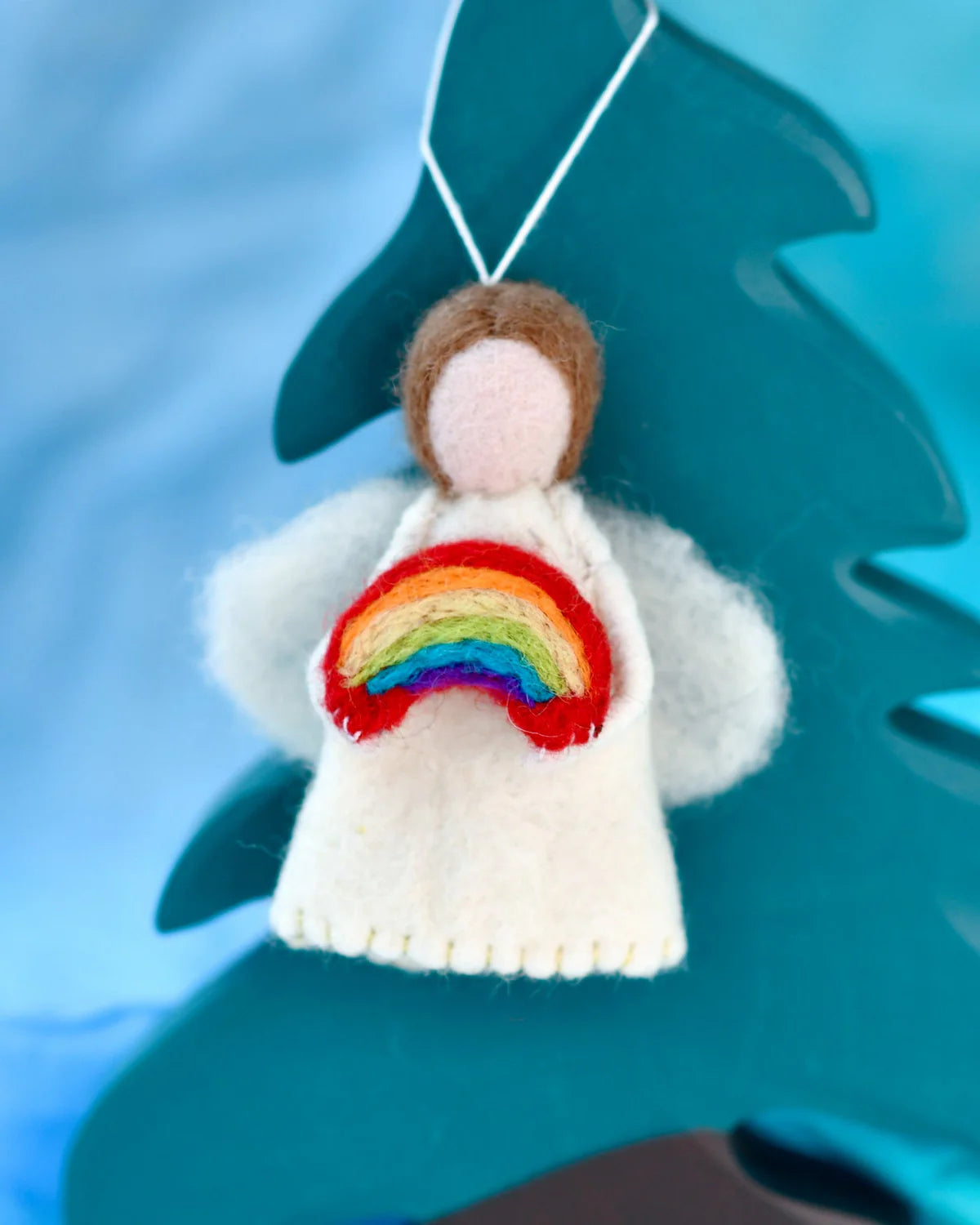 Felt Waldorf Diversity Angel with Rainbow, Brown Hair