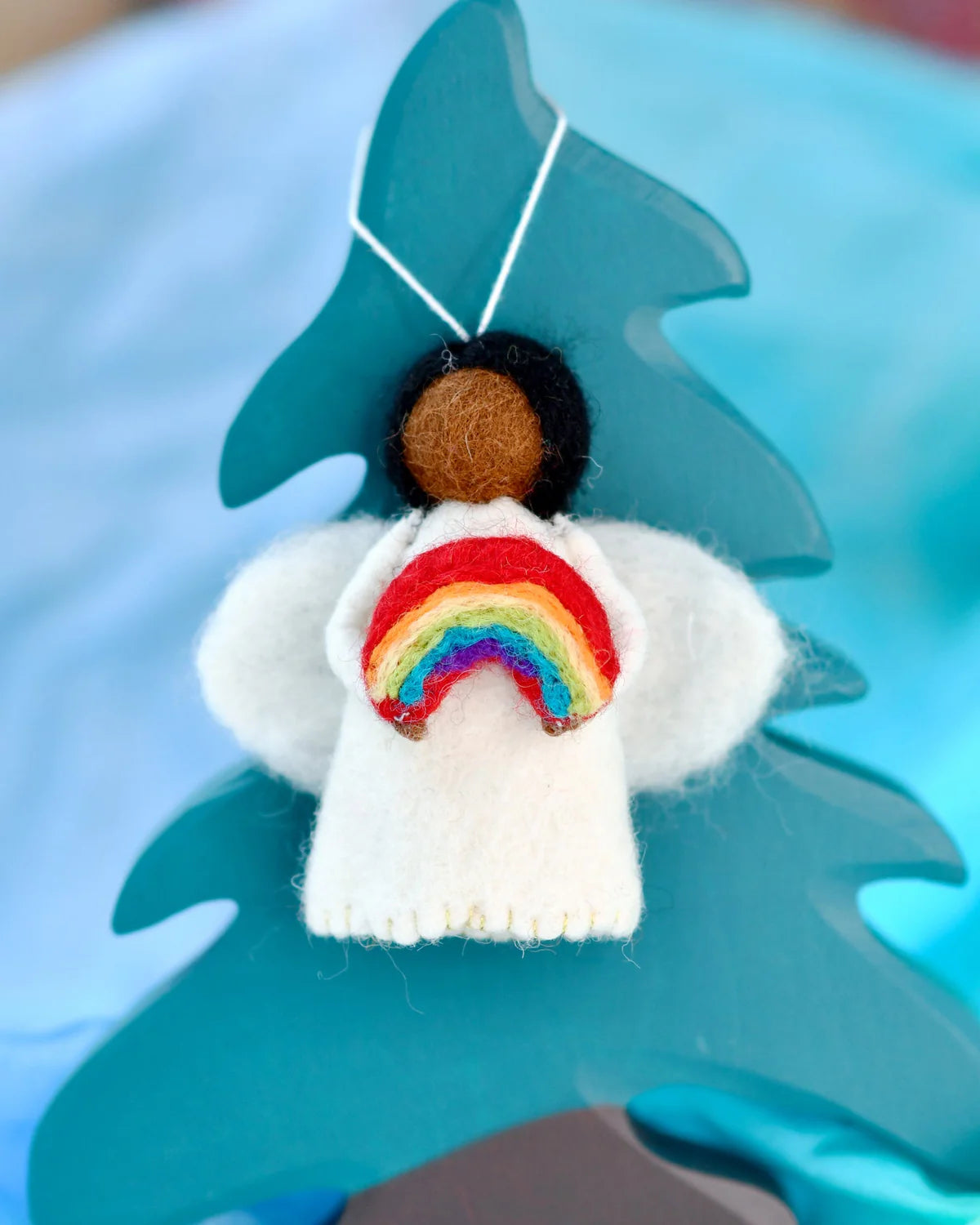 Felt Waldorf Diversity Angel with Rainbow, Black Hair, Version 2