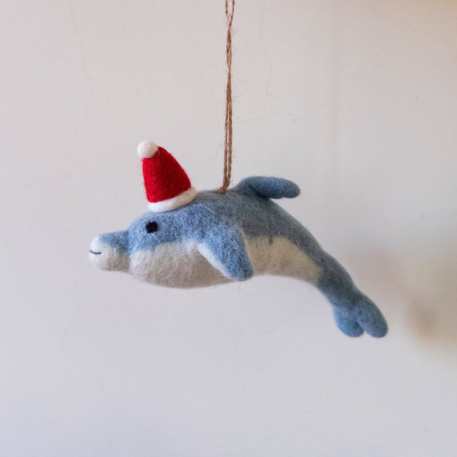 Felt Ornament - Dolphin, a wool felt ornament by Ganapati Crafts Co., needle-felted and hand-stitched in Nepal (view 5)