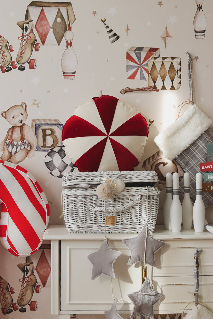“Red Circus” Round Patchwork Pillow