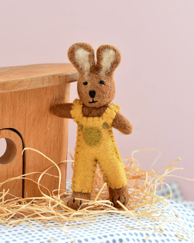 Sale Felt Brown Hare Rabbit with Mustard Yellow Overalls Toy