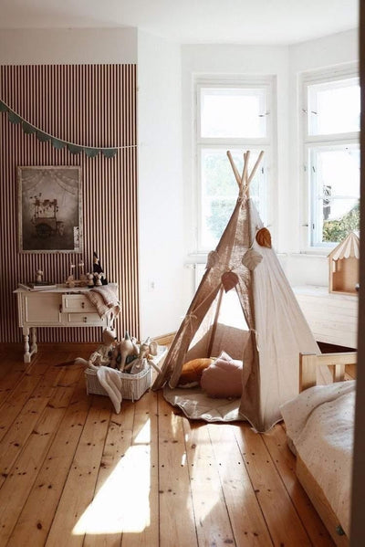 “Natural Linen” Teepee Tent and "White and Grey" Leaf Mat Set