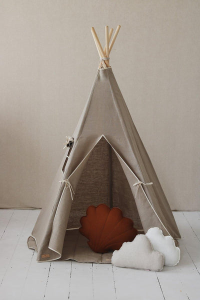 “Natural Linen” Teepee Tent and "White and Grey" Leaf Mat Set