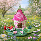 Pink Blossom Fairy House, a hand-felted fairy home with a curled pink petal roof and embroidered cherry blossoms · view 1