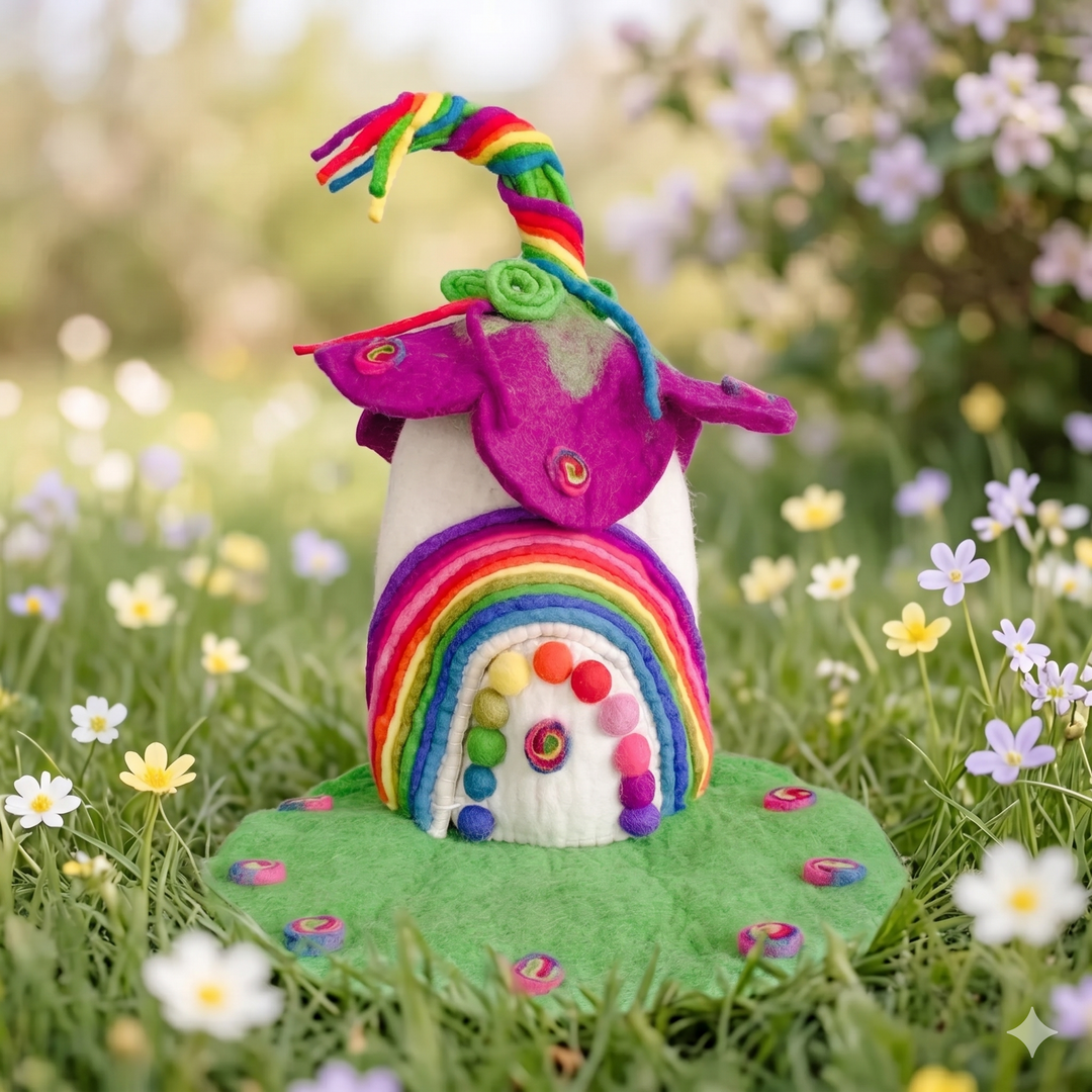 Rainbow Shimmer fairy house, a magenta-pink petal roof with a green felt swirl and a full rainbow-striped felted archway over a white doorway