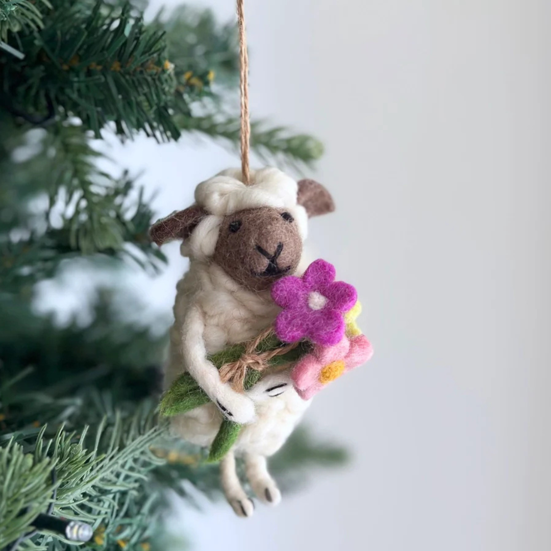 Felt Sheep Holding Flowers