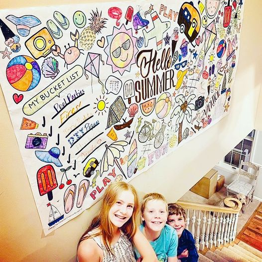 Giant summer bucket list coloring tablecloth for kids