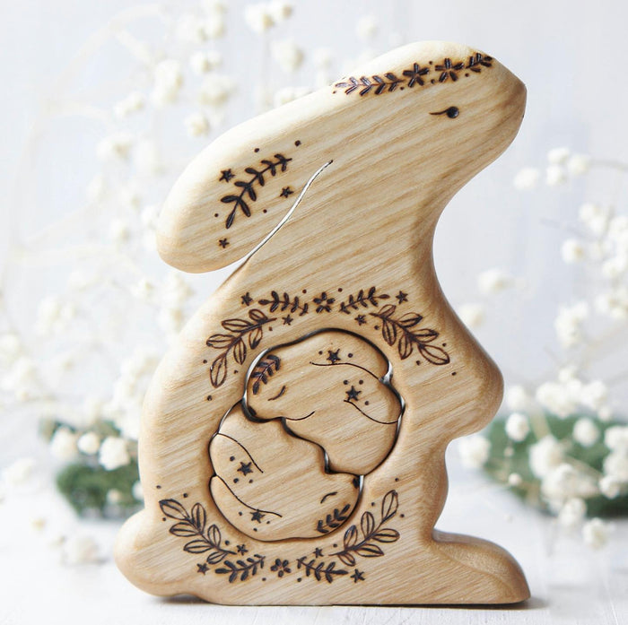 Wooden Bunny Announcement Puzzle for Twins with two babies tucked inside the belly, a wooden new-baby keepsake by Tiny Fox Hole, cut and finished by hand