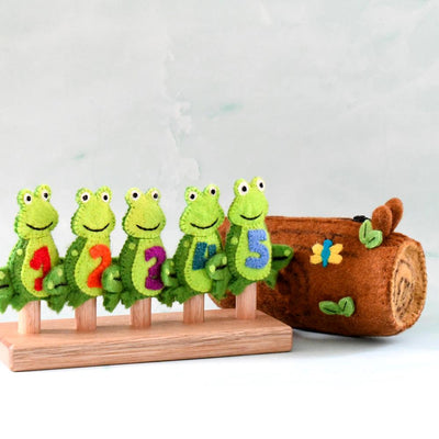 Pre-Order 5 Little Speckled Frogs with Log Bag, Finger Puppet Set (Ships in late January)