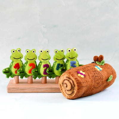 Pre-Order 5 Little Speckled Frogs with Log Bag, Finger Puppet Set (Ships in late January)