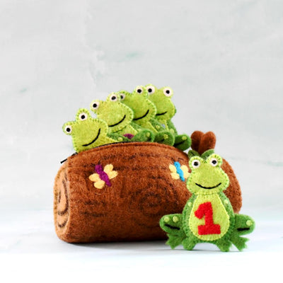 Pre-Order 5 Little Speckled Frogs with Log Bag, Finger Puppet Set (Ships in late January)