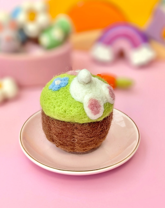 Sale Felt Cupcake, Easter Burrowing Bunny with Flowers