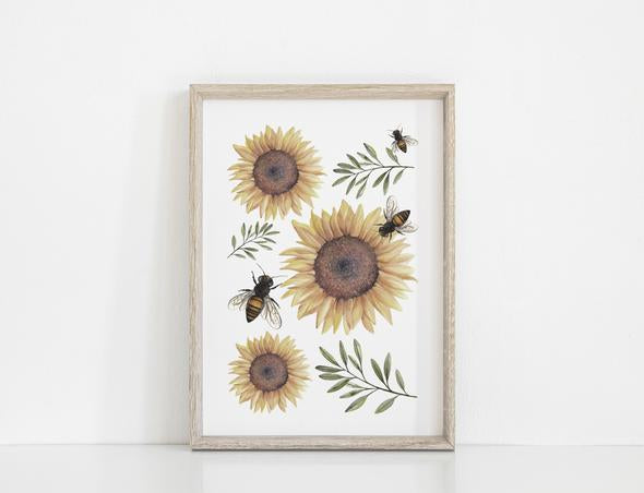 Sale Floral &amp; Fern Sunflower and Bees Print