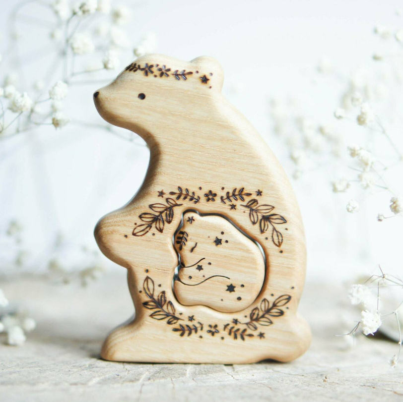 Wooden Bear Announcement Puzzle with a baby tucked inside the belly, a wooden new-baby keepsake by Tiny Fox Hole, cut and finished by hand